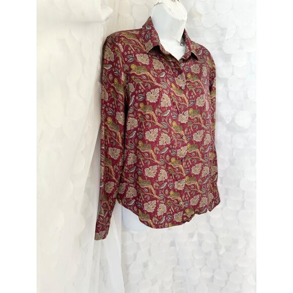 J. Crew Silk Button-Up Shirt in Botanical Cheetah Print Blouse Maroon Red Size 8 - Picture 3 of 12